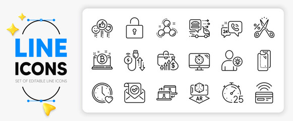 Dating, Smartphone glass and 24h service line icons set for app include Cut tax, Like, Bitcoin outline thin icon. Timer, Confirmed mail, Outsource work pictogram icon. Chemistry molecule. Vector