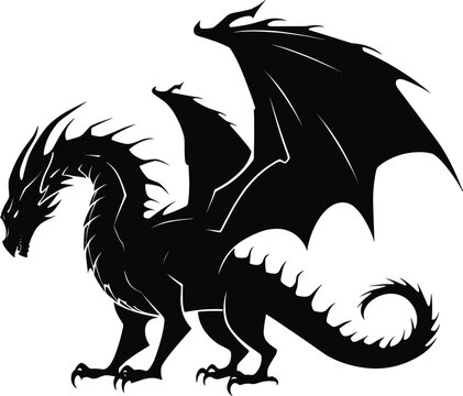 recommend clip art: Vector drawing of a black dragon silhouette that sits. AI generated illustration.