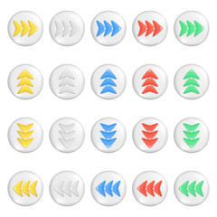 Realistic 3d colorful arrows on round button. Yellow, white, blue, red, green shapes of pointer 3d direction icon, left, right, up, down sign. Vector glossy illustration isolated on white background