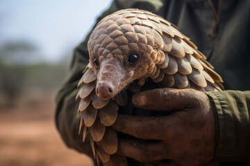 A pangolin in the hands of a dedicated conservationist. Photo highlight the connection between human and pangolin