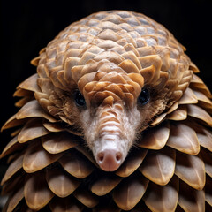 A compelling portrait of a pangolin, focusing on its expressive eyes and unique features