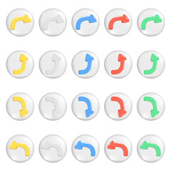 Realistic 3d colorful arrows on round button. Yellow, white, blue, red, green shapes of pointer 3d direction icon, left, right, up, down sign. Vector glossy illustration isolated on white background