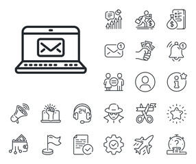 Message correspondence sign. Salaryman, gender equality and alert bell outline icons. E-Mail line icon. Communication symbol. E-Mail line sign. Spy or profile placeholder icon. Vector