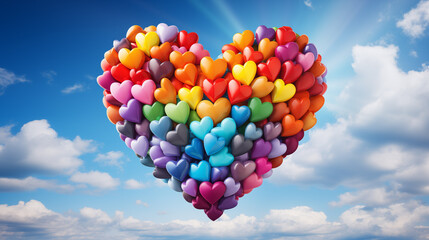 Big balloon in the shape of a heart made from small colorful heart-shaped balloons floating in blue sky with white clouds. Wedding, Valentines day, love concept with copy space