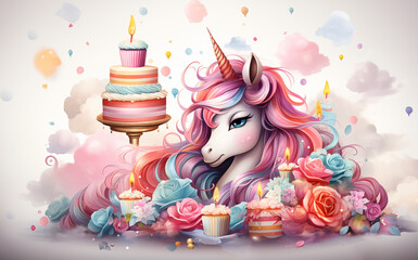 Unicorn with birthday cake and cupcakes with candles fantasy Illustration in soft pastel colors. Children's greeting card template with copy space
