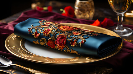 elegant table setting with a teal napkin with intricate golden embroidery on a golden charger plate, with a wine glass and silverware - Powered by Adobe