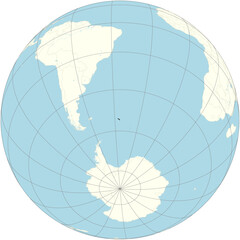 The orthographic projection of the world map with South Georgia and the Islands at its center. a British Overseas Territory in the southern Atlantic Ocean