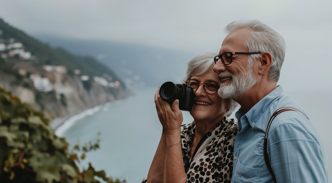 Elderly couple of tourists on vacation with a camera taking pictures on the sea coast. Travel photo with copy space