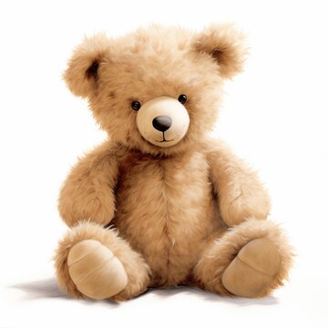 A fluffy teddy bear sitting against a clean white background, its soft fur and adorable features on full display.