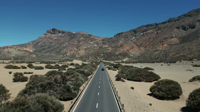 road with cars in desert, Teide national park, Tenerife, Canary island, aerial