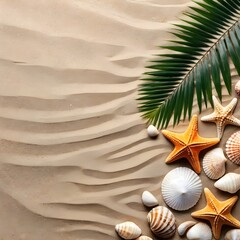 Fototapeta na wymiar stones and sea shells on sand with palm leaves and shadowes top view