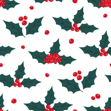 Seamless pattern of Christmas holly with green leaves, red berries. Happy New Year holly berry, floral elements for winter holiday. Hand drawn vector illustration for wallpaper, wrapping paper, fabric