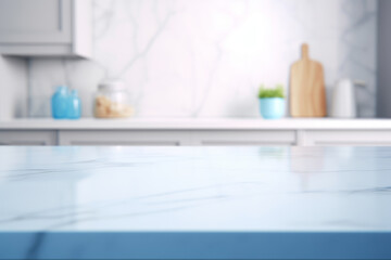 Light marble table with modern blue colored kitchen set, photorealistic blurred bokeh background with copyspace.