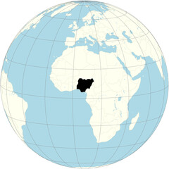 The orthographic projection of the world map with Nigeria at its center. a country in West Africa, bordering the Gulf of Guinea