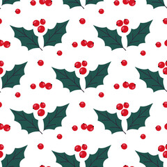 Seamless pattern of Christmas holly with green leaves, red berries. Happy New Year holly berry, floral elements for winter holiday. Hand drawn vector illustration for wallpaper, wrapping paper, fabric