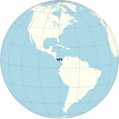 The orthographic projection of the world map with Panama at its center. a country in Central America, known for the Panama Canal that links the Atlantic and Pacific oceans