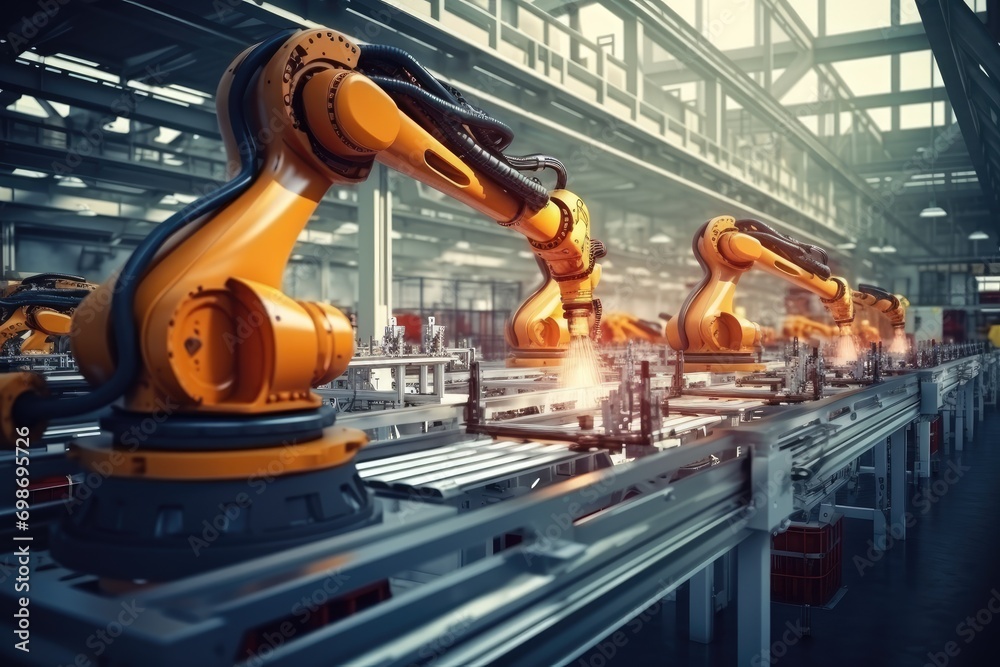 Leinwandbilder Robotic arm for electronic assembly line. Smart modern factory automation using advanced machines.