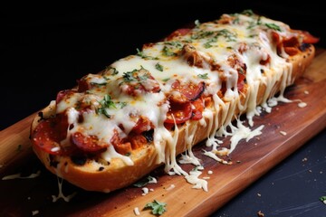 Baked Baguette. French bread pizza on a wooden cutting board - obrazy, fototapety, plakaty