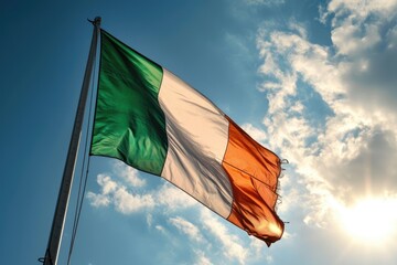 Ireland flag waving on blue sky background