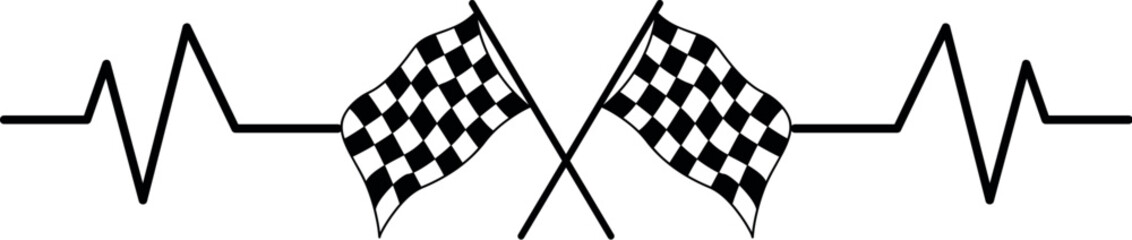 crossed checkered flag with ekg ecg heart beatlines vector  - obrazy, fototapety, plakaty
