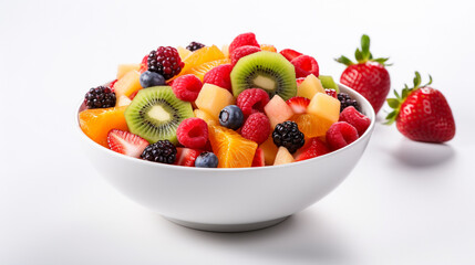A bowl of healthy fresh fruit salad on a white background - obrazy, fototapety, plakaty