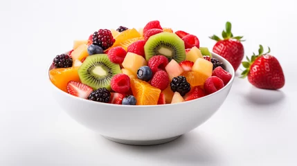 Fotobehang A bowl of healthy fresh fruit salad on a white background © Anna