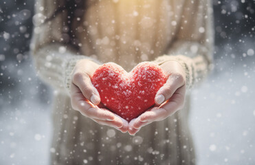Hands with red hearts against a snowfall background