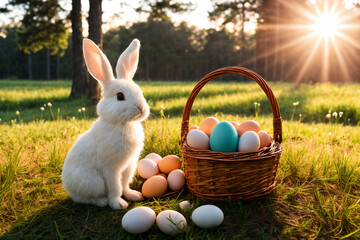 Bunny and easter eggs on green grass