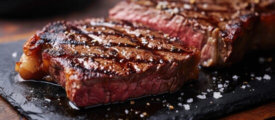 Close-up view of wagyu roast beef steak on black board - obrazy, fototapety, plakaty