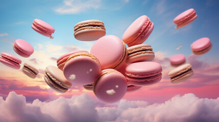 French macaroons fly in the air among crumbs against the backdrop of pink clouds - obrazy, fototapety, plakaty
