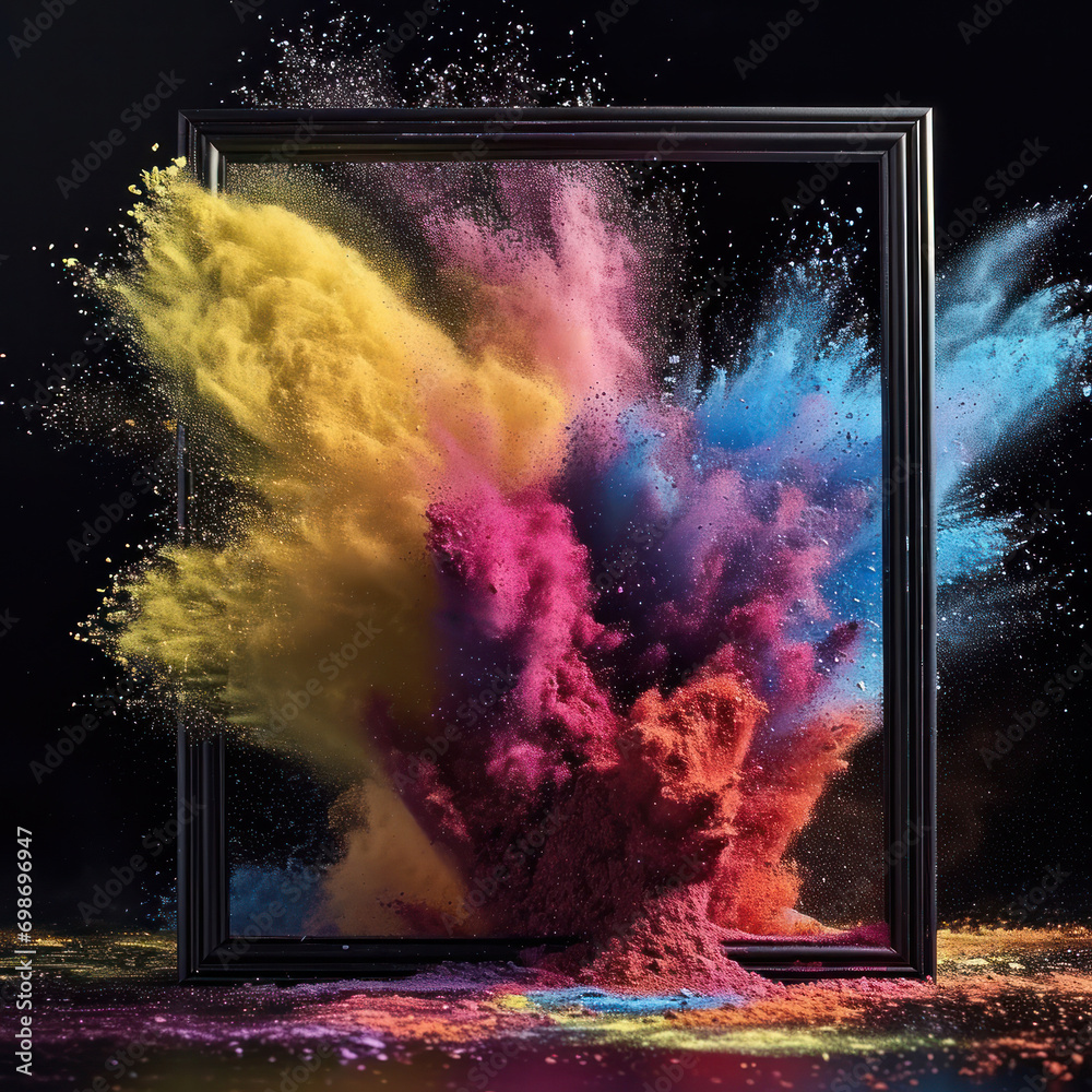 Wall mural abstract color splash with frame for wallpaper design. colorful dust explode.