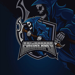 reaper skull e-sport logo design vector illustration for badge, emblem and t shirt printing. premium vector