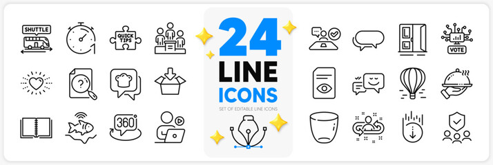 Icons set of Get box, Search document and Book line icons pack for app with Restaurant food, Happy emotion, Shuttle bus thin outline icon. Glass, Open door, Quick tips pictogram. Vector