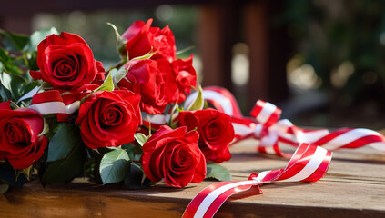 A bouquet of scarlet roses with  ribbon on wood table  - obrazy, fototapety, plakaty