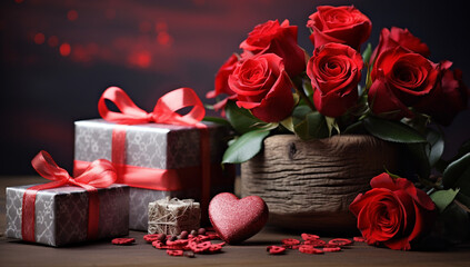 A bouquet of red roses and gift on a wooden surface