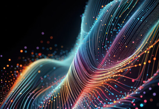 colorful and dynamic display of swirling lines and dots that create a visual representation of digital data or abstract art. digital data visualization, representing network system