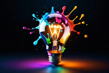 Glowing lightbulb with colorful splashes on dark background