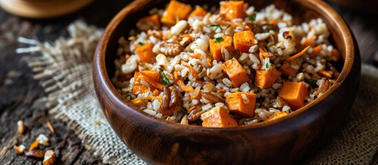 Rice combined with mixed grains and sweet potatoes. - obrazy, fototapety, plakaty