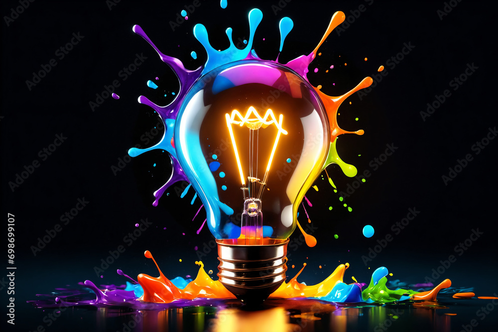 Poster Glowing lightbulb with colorful splashes on dark background
