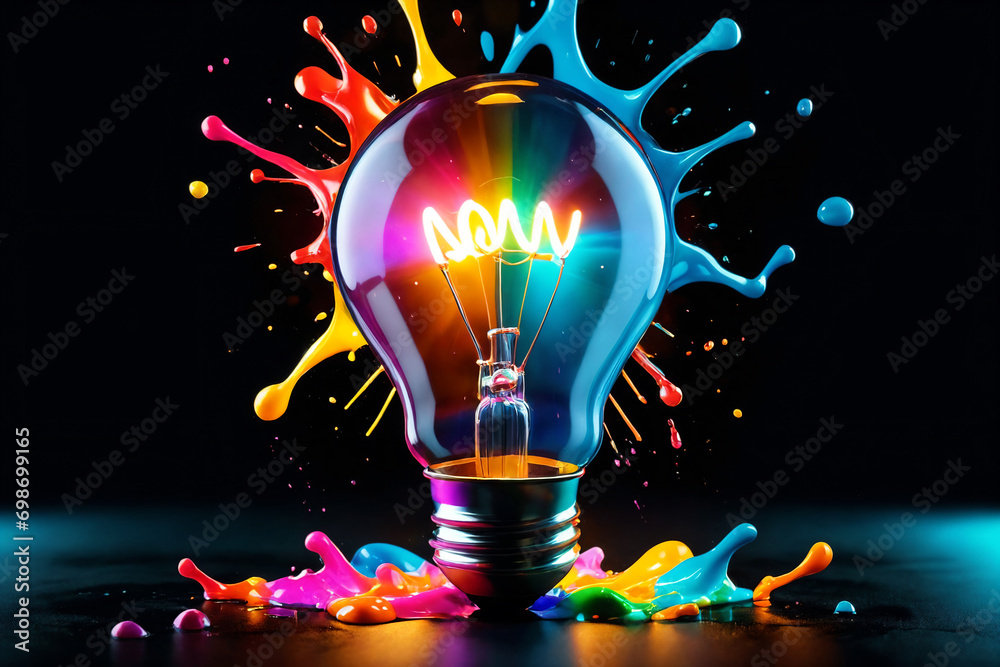 Poster glowing lightbulb with colorful splashes on dark background
