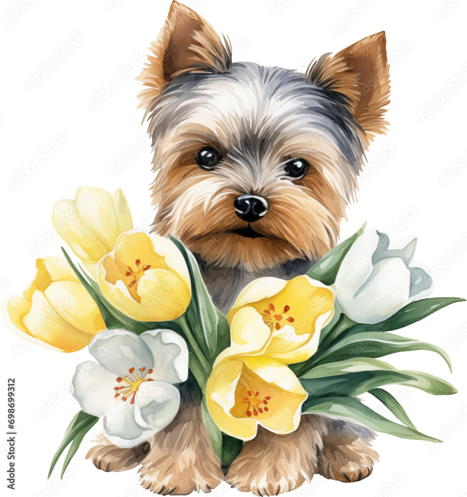 Poster yorkshire terrier with flowers illustration created with generative ai technology