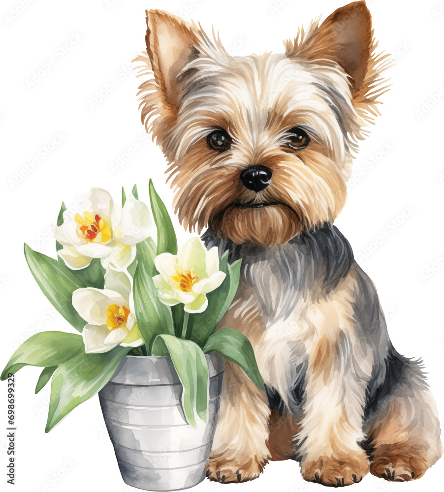 Poster yorkshire terrier with flowers illustration created with generative ai technology