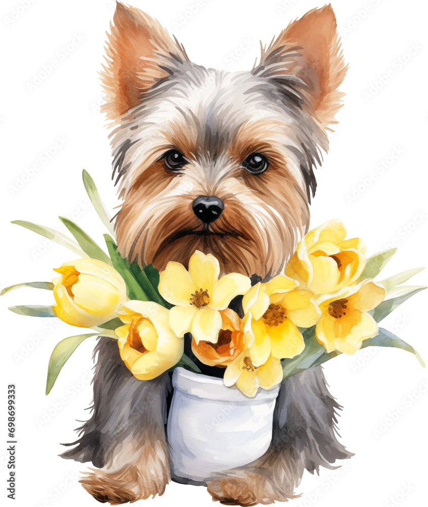 Poster yorkshire terrier with flowers illustration created with generative ai technology