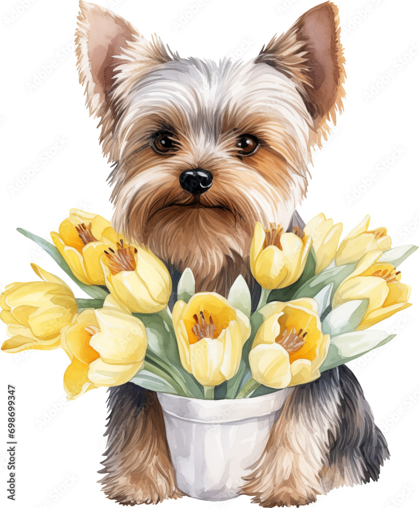 Poster yorkshire terrier with flowers illustration created with generative ai technology