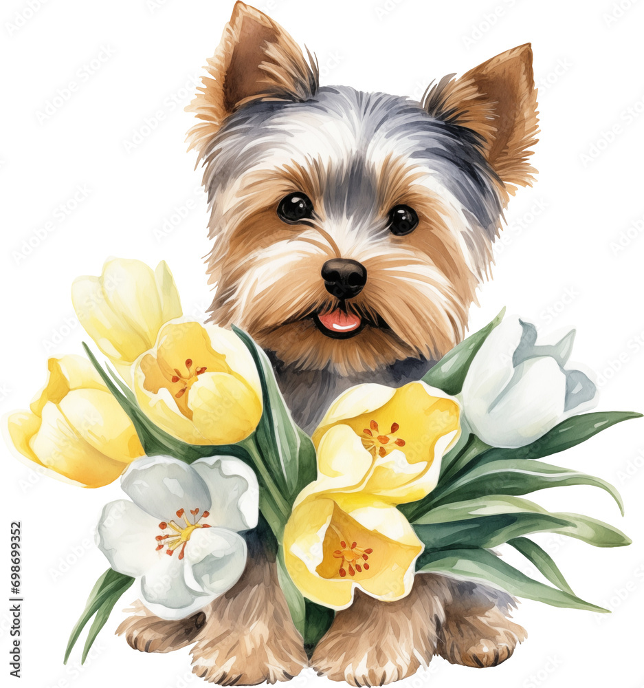 Poster yorkshire terrier with flowers illustration created with generative ai technology