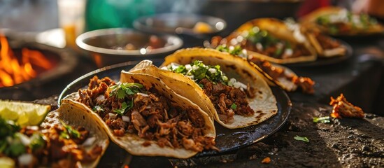 In northern Mexico, roast meat tacos with Chorizo are a popular dish that is cooked by exposing food to heat from embers, known as Carne Asada, Asado, Discada, or Parrillada. - obrazy, fototapety, plakaty