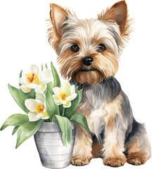 Yorkshire terrier with flowers illustration created with Generative AI technology