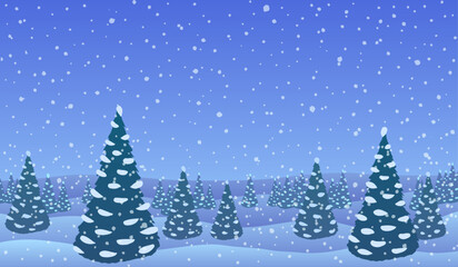 Vector illustration. Cartoon clouds Christmas trees, ice and snow.