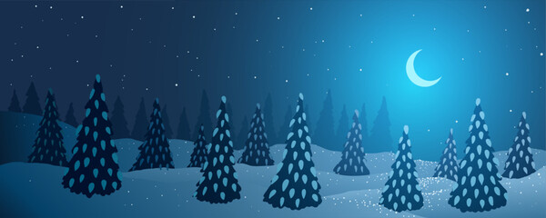 Vector illustration. Night town winter landscape. Trees, snowdrifts and moon.