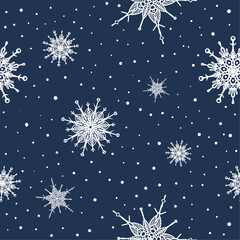 Fototapeta na wymiar vector illustration seamless background white snowflakes on dark blue background 